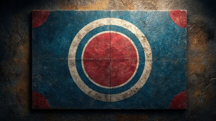 Colorful circular target design on rough textured background in indoor setting at dusk