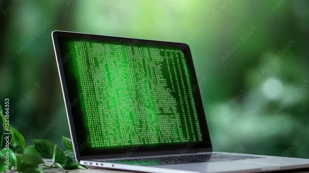 Aufkleber digital world in harmony with nature: a sleek laptop displays vivid green code against a backdrop of