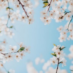Blossom Frame White Plum Flowers Against Blue Sky, Springtime ,Floral