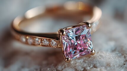 Elegant pink gemstone ring with sparkling diamond accents displayed on a textured background