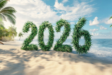 The numbers 2026 made by of tropical palms on the beach