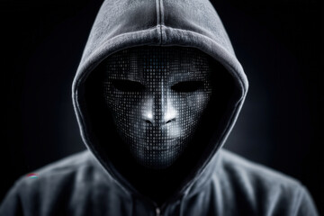 Hacker engages with multiple computer screens displaying code and binary numbers. Dark environment creates high contrast lighting. Concept of cybersecurity, IT, digital security
