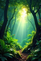 Obraz premium Lush green canopy of a Panamanian rainforest, sunlight dappling through the leaves onto the vibrant, damp forest floor Abundant flora and fauna thrive in this biodiverse ecosystem , lianas, moss