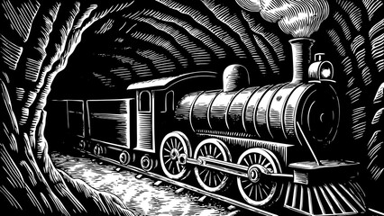 Fototapeta premium A black and white sketch vector of a train moving through a mountain tunnel