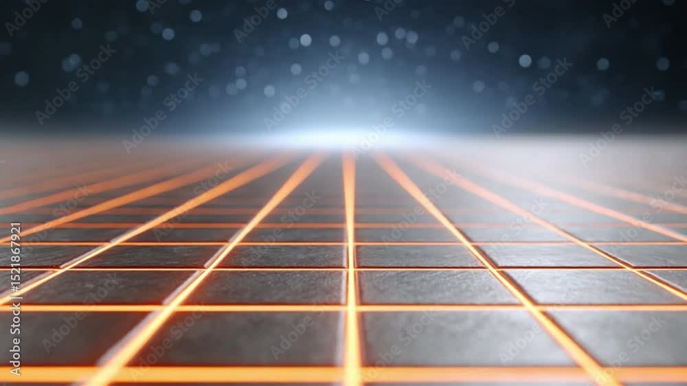 Poster Digital Grid: A captivating shot of a glowing digital grid with a blurred night sky in the background, a mesmerizing view of data and tech. 