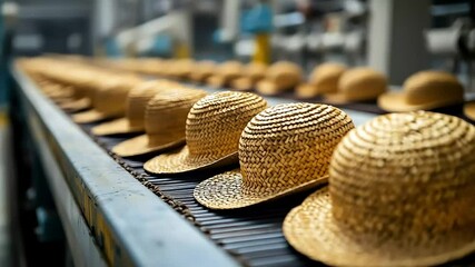 A production line of straw hats arranged neatly on a conveyor belt. The hats are round, made of straw, and vary slightly in size and design. - Powered by Adobe