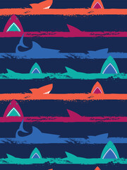 Vector Pattern with silhouettes of underwater Sea Fish, colorful sharks and brush stroke waves on dark blue background. Print for kids wear, summer prints,ocean-themed products