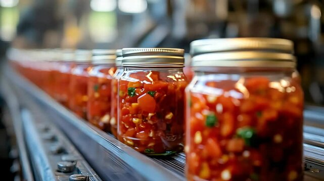 a glass jars  canned tomoto processing