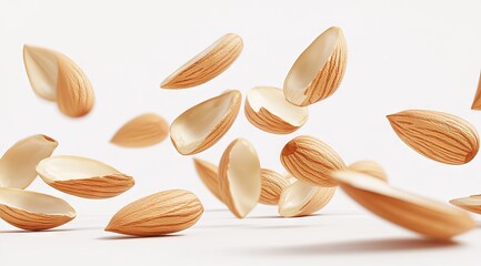 Almonds in mid-air, light tan,  shells open