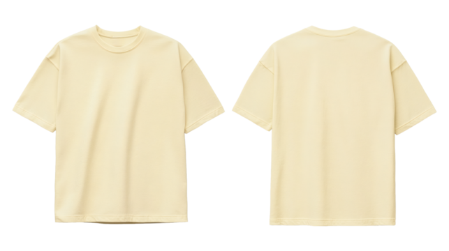 Flat Lay Mockup of an Oversized Light Yellow T-Shirt Front and Back View Garment for Apparel Design and Presentation on transparent background