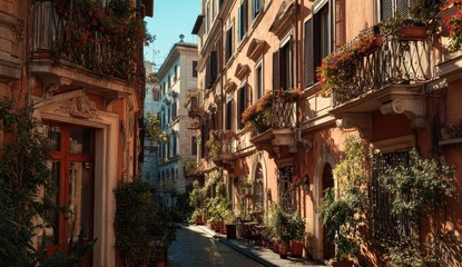 Fototapeta premium Charming sunlit street with colorful balconies and lush greenery.