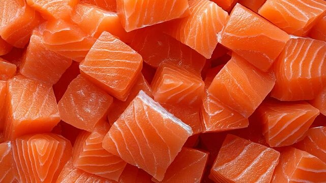 Salmon Cubes: A Close-Up View of Fresh, Vibrant Orange Salmon Pieces