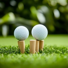 Two Golf Balls on Tees Green Course Close-Up, Golf, Sport
