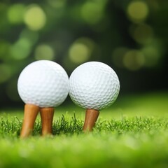 Two Golf Balls on Tees, Green Bokeh Background, Sport, Turf