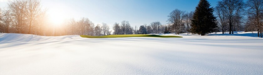 Winter Greens Snowy Golf Course with Sunlit Trees, outdoor, golf