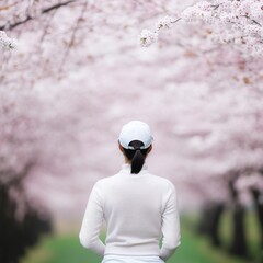 Woman in Blossoms Back View in Floral Tunnel, Spring, Nature