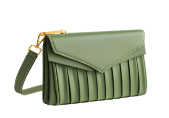 Minimalist women's small shoulder bag with pleated leather, in a dark green color, with a metal plate on the front of the top edge.  