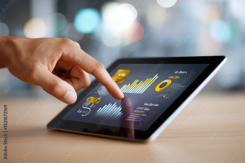 Poster finger swipes across tablet showing detailed analytics dashboard with colorful graphs and statistics