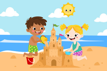 Cute kids building a sandcastle on a beach vector illustration