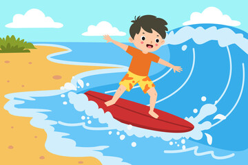 Cute boy surfing on a beach vector illustration 