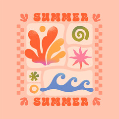 Summer illustration with sea ocean waves,coral,star.Groovy boho beach,surf club retro aesthetic.Summer vacation background in simple funny style.Graphic print for t shirts,banners,covers,branding