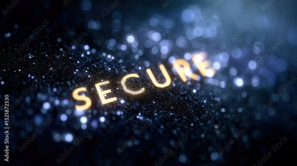 Poster highlighting encryption concept focuses on the word secure against a backdrop of random letters and 