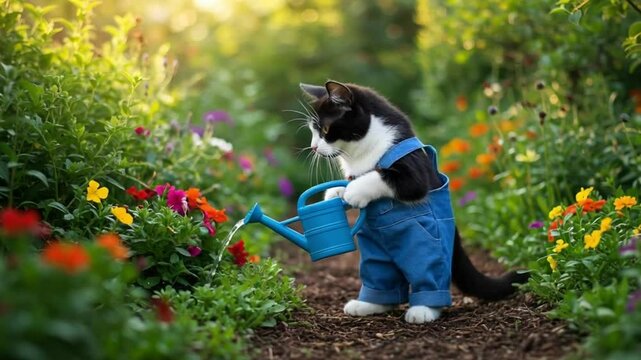 Purr-fect Gardener - 4K Whimsical Cat in Overalls Watering Flowers for Pet Lovers & Cottagecore Aesthetics