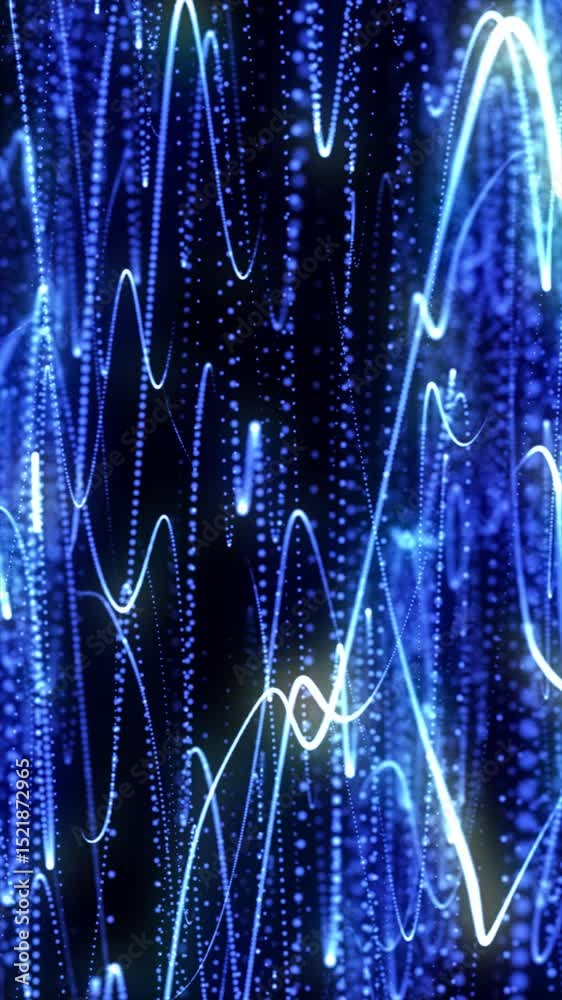 Poster dynamic abstract image of glowing blue particle waves and light trails over a dark background, evoki