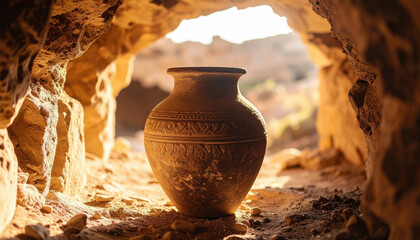 An ancient clay pot stands illuminated by warm sunlight inside a rocky cave, evoking a sense of mystery, history, and forgotten civilizations from centuries past.