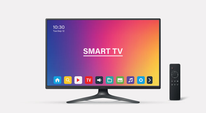 Vector 3d Realistic Smart TV and Remote Control, Isolated. Modern Smart TV. Realistic Smart TV for Technology Mockup. Stylish Television and Remote for App and Branding. Vector Illustration