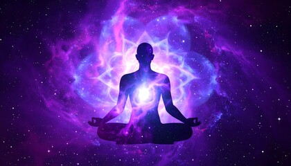 Meditation silhouette in glowing galaxy space high resolution photo