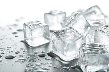 Crystal clear ice cubes with water drops on reflective surface, perfect for cooling and refreshment themes. Melting ice cubes with detailed texture. Ice background. Refreshing. Fresh. Summer. Frozen. 