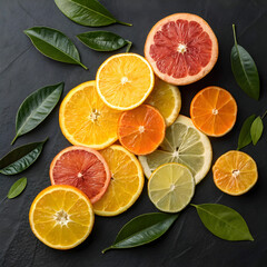 Fototapeta premium citrus fruit composition slices and leaves on dar