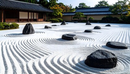 Obraz premium Japanese zen garden with black stepping stones high resolution photo