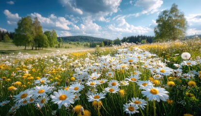 Vibrant daisy field in sunlight under a blue sky.