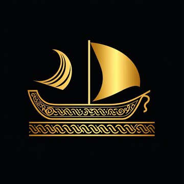 In a Meandre circle, an Ancient Greek galley is depicted in isolation on a black background