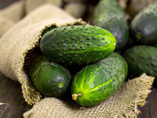 Fresh cucumbers in a burlap sack resting on a rustic wooden table.
