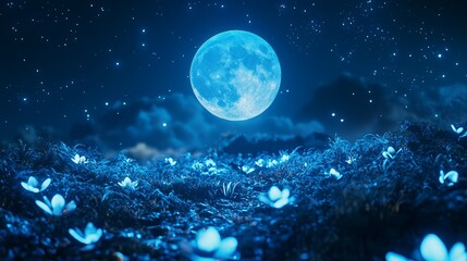 Obraz premium Blue Light Illuminating Flowers Under the Moonlit Night Sky