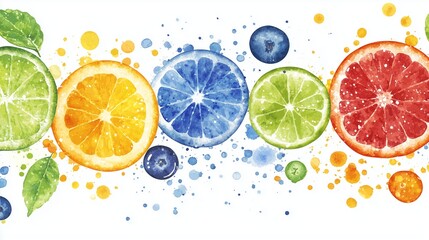 Colorful watercolor citrus fruit with splashes on white background.