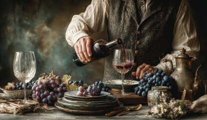 Man pouring red wine beside grapes and vintage tableware.