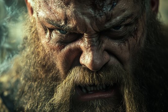 On the battlefield at dawn, a warrior's fierce battle cry conveys intense emotion, revealing a deep sense of determination and intensity