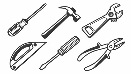 Essential Hand Tools Collection Screwdrivers, Hammer, Wrench, Pliers, Utility Knife - DIY Repair Kit Illustrations