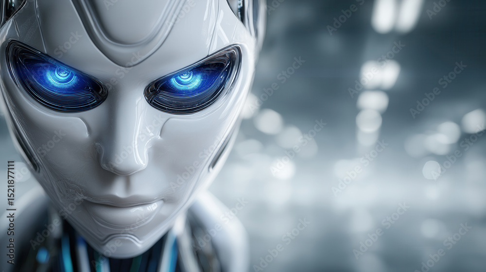 Poster close-up of a detailed futuristic ai robot face looking at camera with blue illuminated eyes. softly