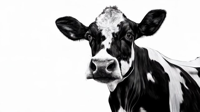 Close-up monochrome illustration of a Holstein cow with distinct black and white markings and large eyes against a bright white background.