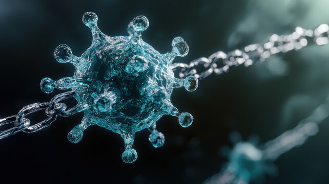 Isolated virus cell pierced by antibody chains, immune, detailed symbolic health imagery 