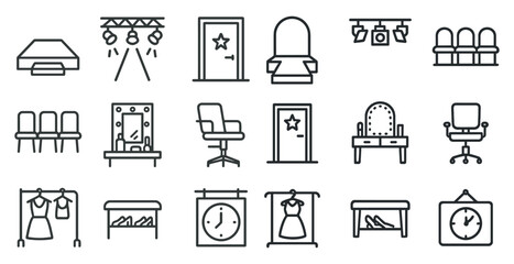 Icon set of dressing room and theater elements for design and decor projects