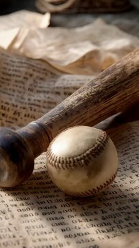 Baseball bat and ball resting on antique paper with aged texture and dark cursive text, rustic sport equipment still life