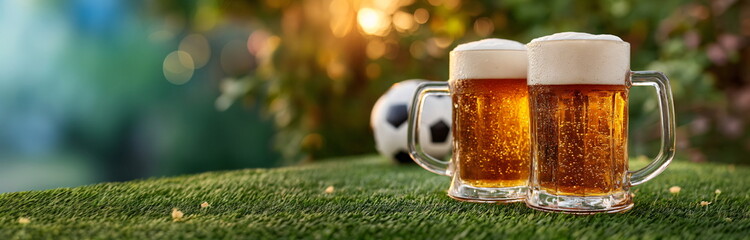 Two beer mugs on a green lawn with a soccer ball in the background. Concept of sports event viewing, happy hour, and celebration.