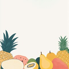 Tropical fruit frame with colorful flat illustrations on light background.