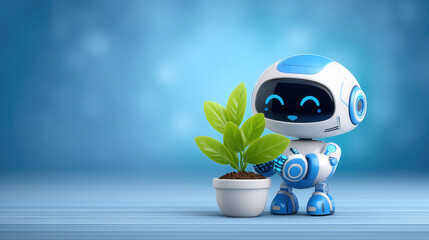 Robot gently holds small green plant in clean, soft gradient background. The scene embodies empathy in an artistic style. Concept of technology, eco-friendly initiatives, wellness